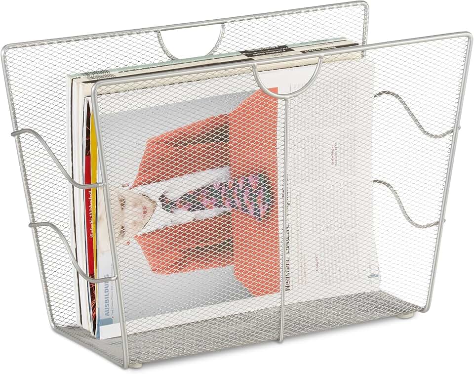 Relaxdays Zeitungsständer Mesh, Zeitschriftensammler Metall, Zeitungshalter stehend, HxBxT: 27 x 39 x 17 cm, silber