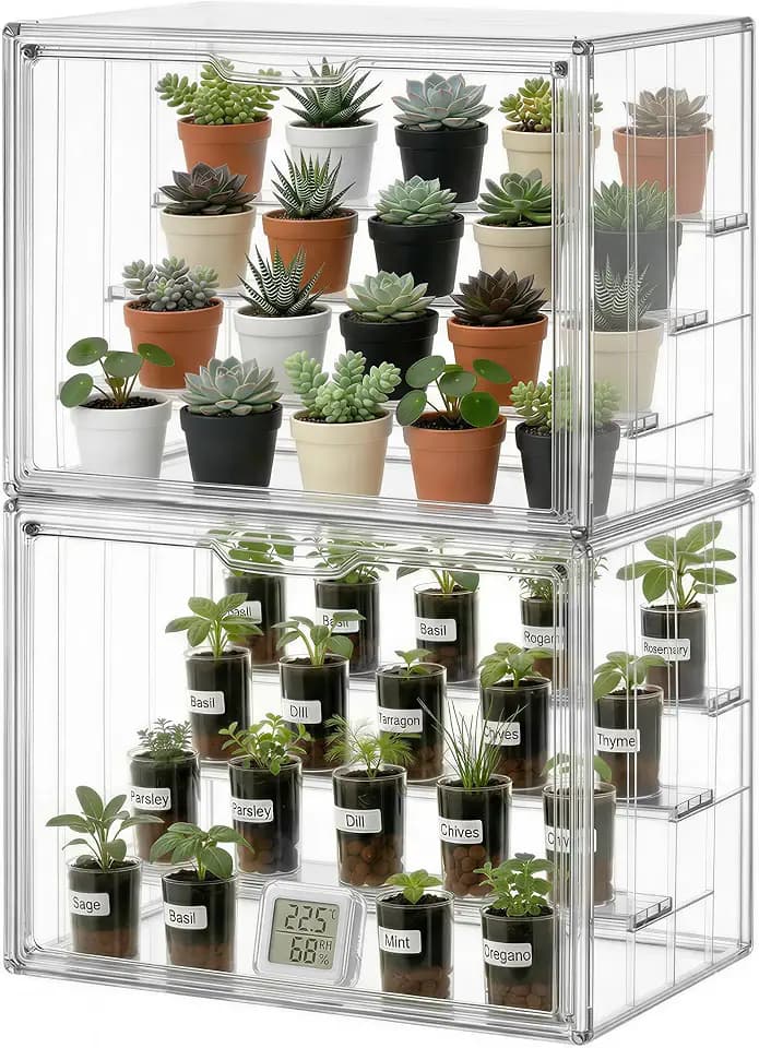 HBlife Mini Greenhouse for Indoor, Clear Stackable Green House with Magnetic Door & Adjustable Drainage Dividers, Tabletop Portable Greenhouse for Small Plants Nursery Germination and Display, 1 Pack