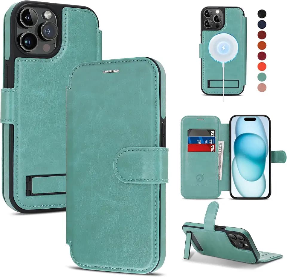 for iPhone 15 Pro Max Wallet Case with Stand,PU Leather Flip Credit Card Holder Slots (RFID Blocking),Compatible with Magsafe Magnetic Holder Phone Cover Women Men,Green