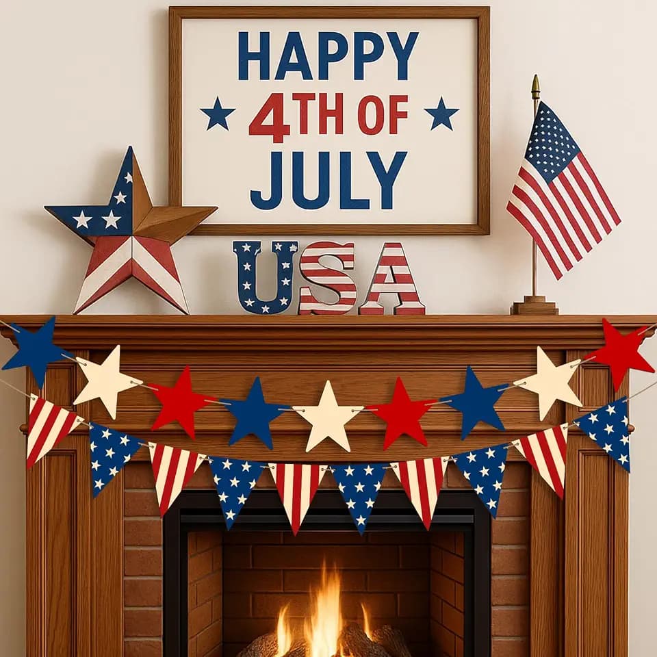 4th of July Wooden Stars Garland & Triangle Bunting 2pcs