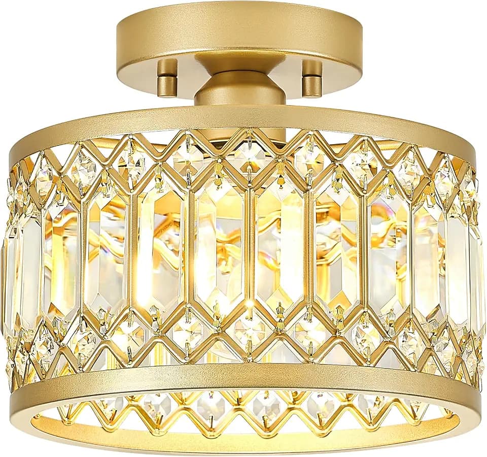 Pevfah Crystal Gold Ceiling Light, 1-Light Semi Flush Light Fixture, 9 Inch