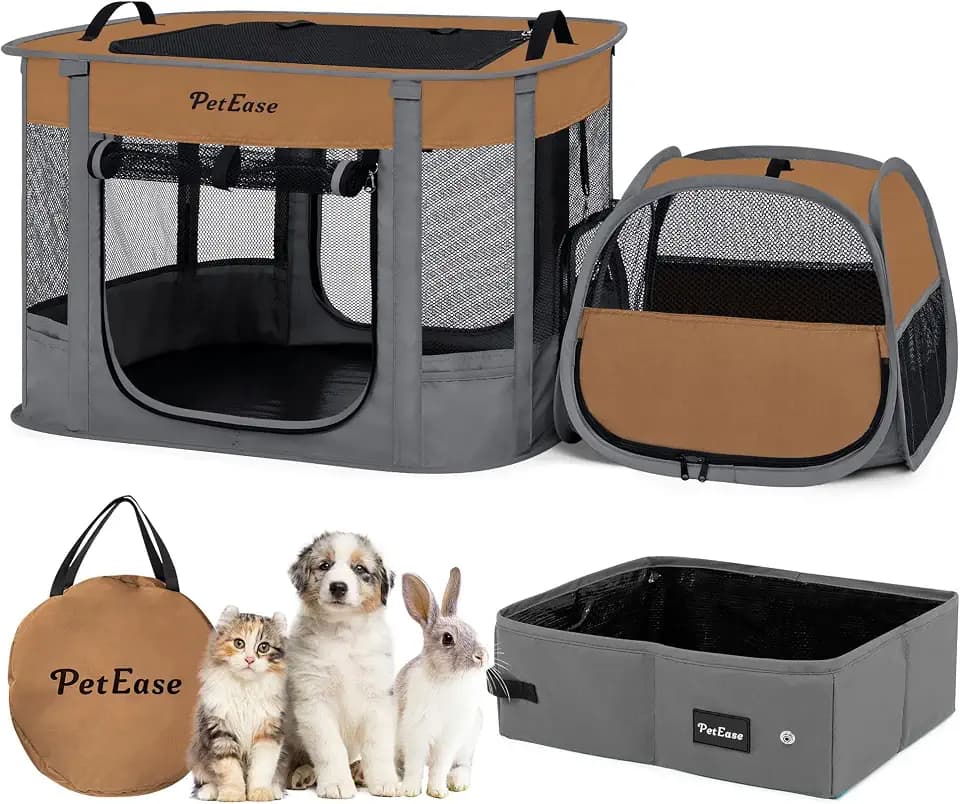 Portable Cat Playpen with Litter Box, Cat Enclosure for Camping, Cat Recovery Playpen After Surgery, Foldable Indoor Outdoor Pet Tent for Cats Rabbits Puppies (Brown)