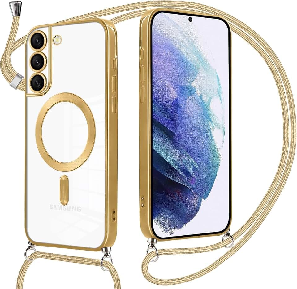 Handyband Handyhülle für Samsung Galaxy S21 Plus 5G Hülle Magnetisch mit Band, Durchsichtig TPU Silikon Case mit Kordel zum Umhängen Abnehmbar Kratzfeste Stoßfest Schutzhülle Necklace, Gold