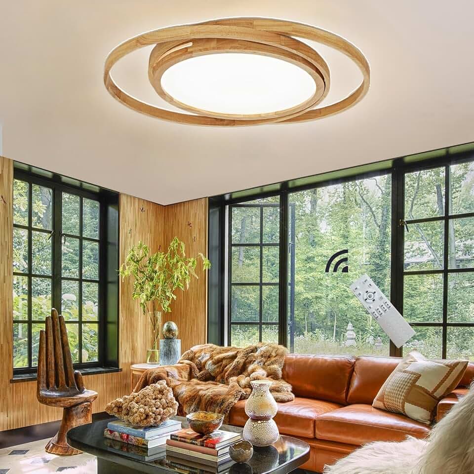 Led Deckenleuchte Holz,2 Runde Ringe ø52cm Deckenlampe,Modern Dimmbar Mit Fernbedienung Lampe FüR Schlafzimmer, Wohnzimmer, KüChe, Esszimmer, Korridor, Zuhause, BüRo, Kinder, Wooden