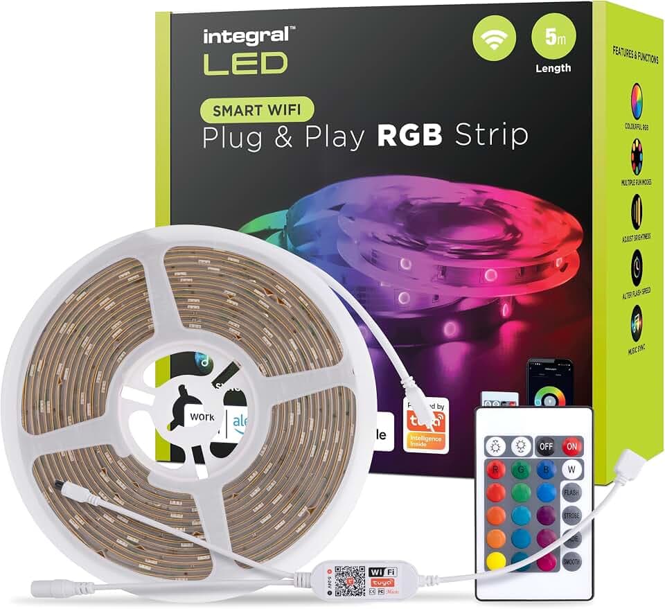 Integral 5-m-RGB-LED-Streifen, Farbwechsel, Dimmbar, Musik-Synchronisierung, Tuya WiFi Smart App & Fernbedienung, Plug-and-Play mit UK-Stecker – für Schlafzimmer, Wohnzimmer, Büro, Küche und mehr