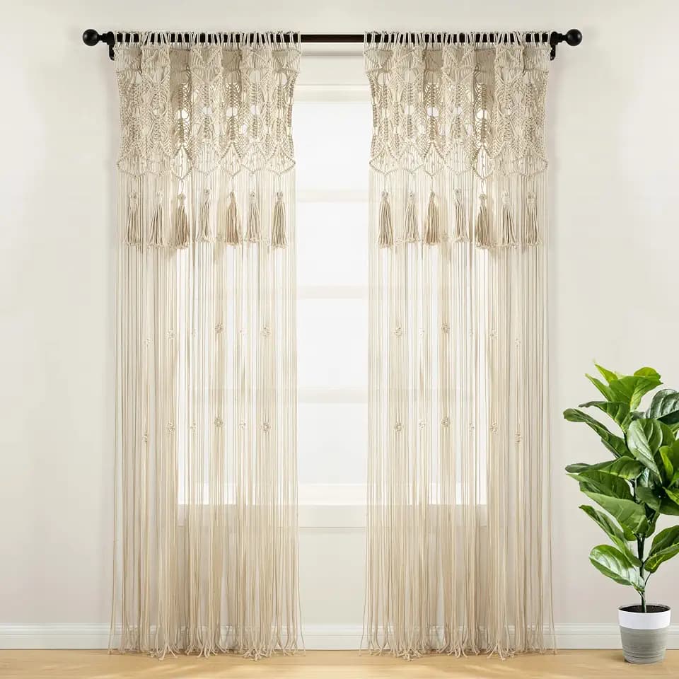 Lush Decor Boho Macrame Tassel Cotton Window Curtain Panel Single 40" W x 84" L Neutral - Macrame Curtains for Windows - Room Divider - Boho Wall Decor
