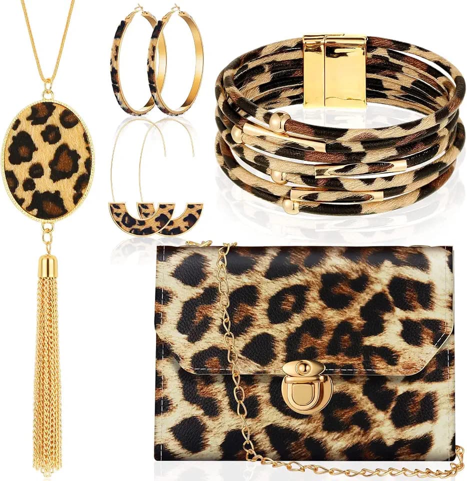 Sotiff 5 Pcs Leopard Jewelry Set Women Necklace Earrings Purse