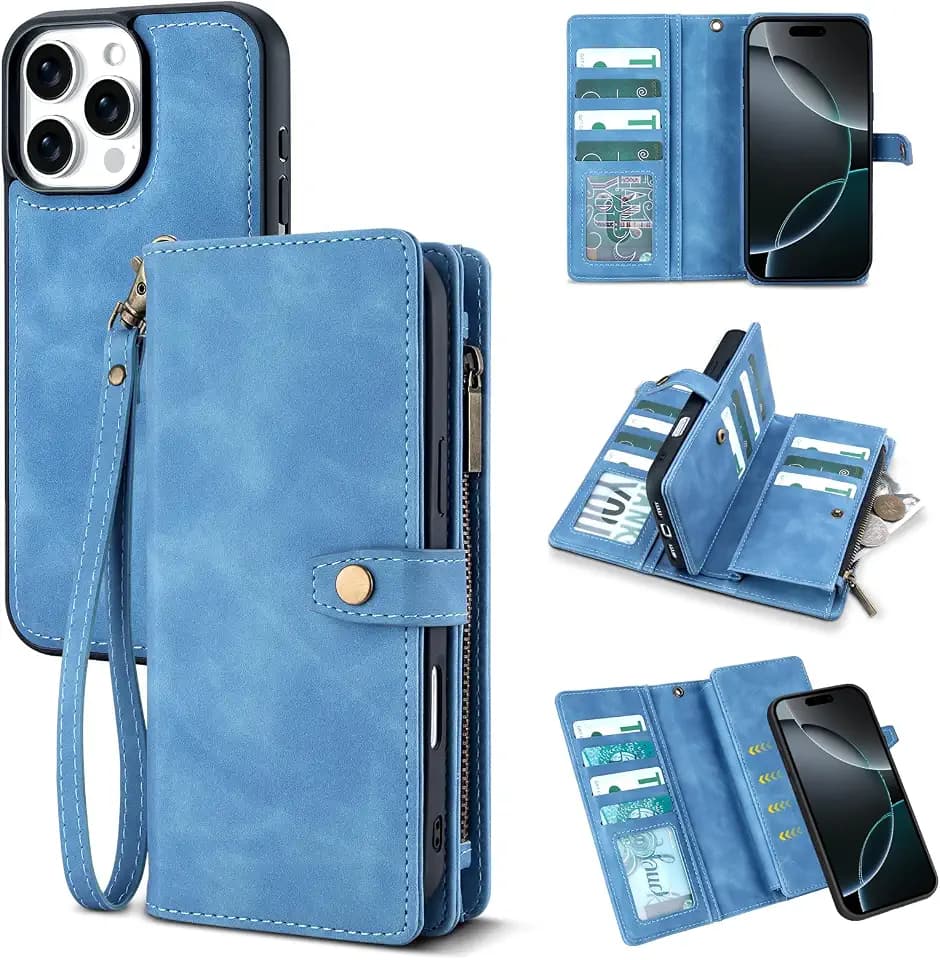 TwoHead Wallet Case for iPhone 16 Pro,with 11 Card Holders,Sky Blue