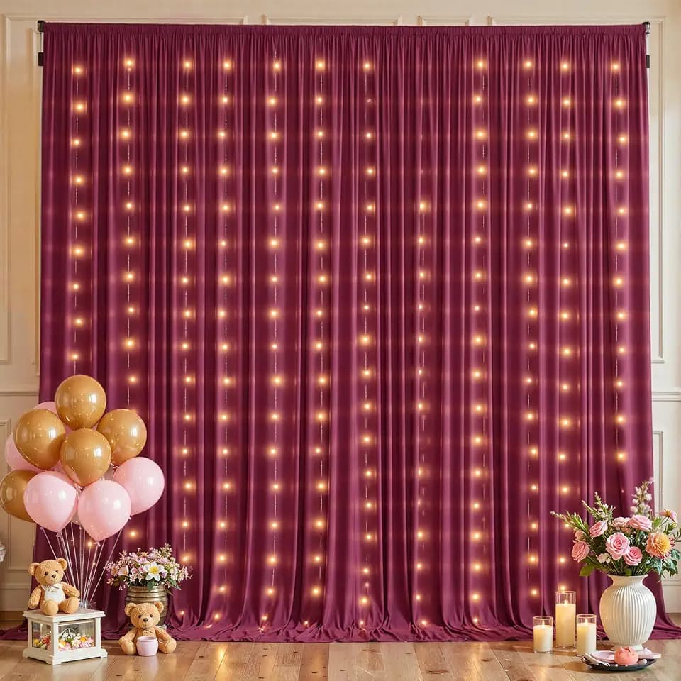 Burgundy Backdrop Curtains with Lights for Parties,10x10FT Wrinkle Free Wedding Photo Backdrop Curatin Drapes Fabric for Baby Shower Birthday Ceremony Reception Home Party Decorations