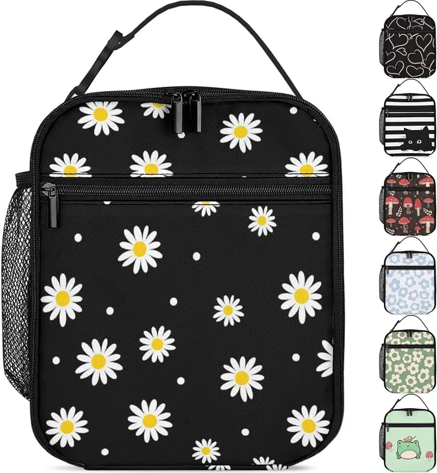 Lunch Box Girls Insulated Lunch Bag for Kids, Black Daisy Flower