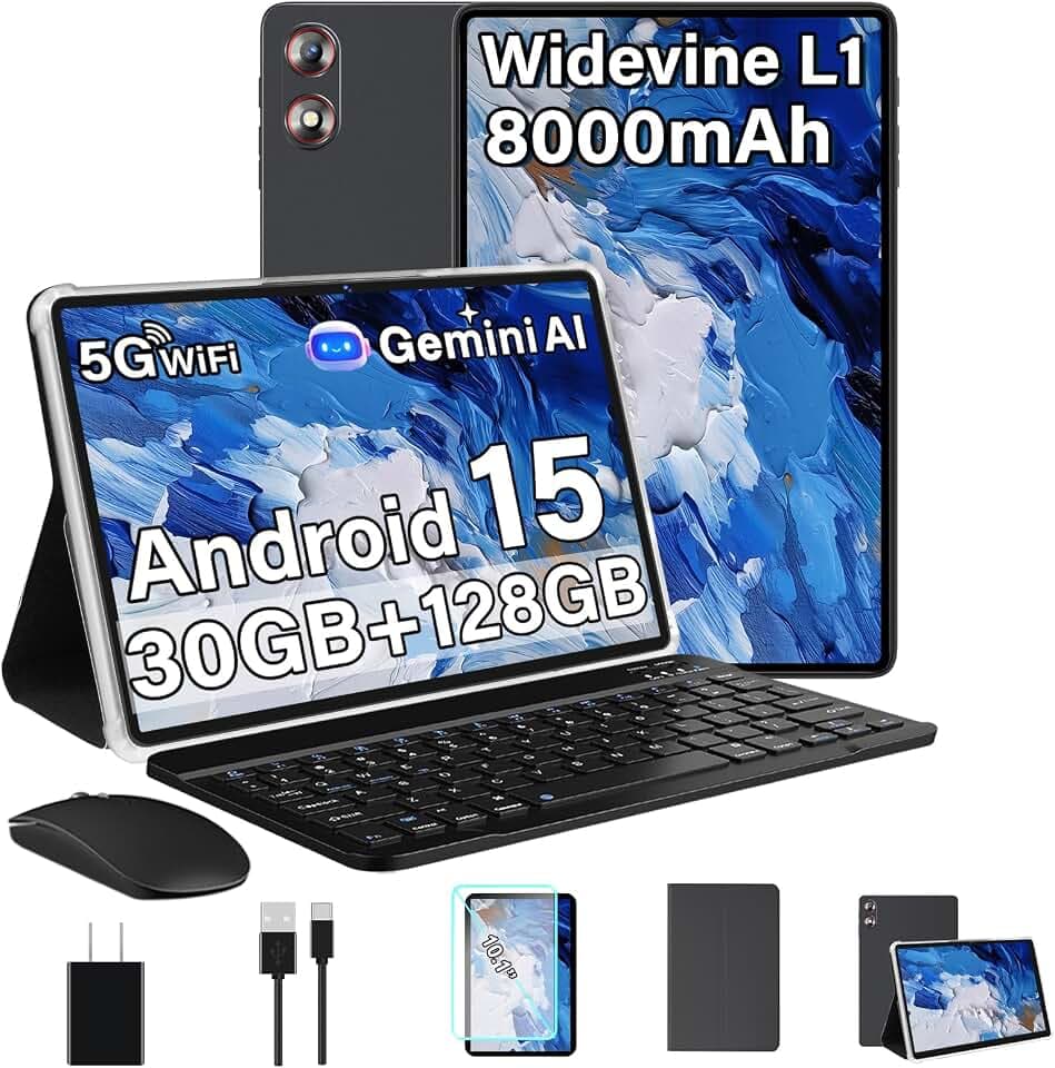 2026 Tablet 10.1 Inch Android 15 Tablets with Keyboard Gemini AI 30GB+128GB