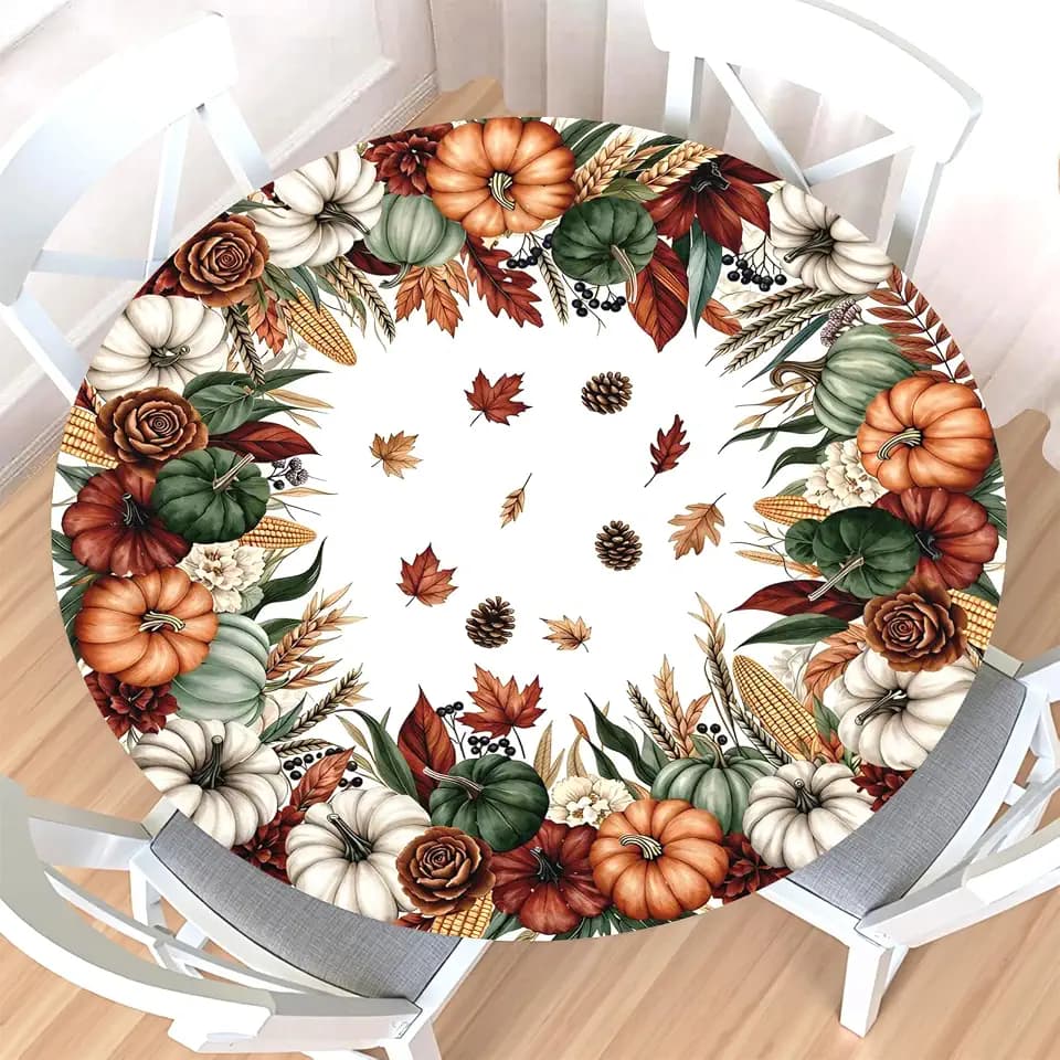 Fall Round Fitted Tablecloth with Elastic Edge,Waterproof Orange Green Autumn Pumpkin Maple Leaf Harvest Thanksgiving Table Cover for 44-48" Stretch Table Cloth for Dinner Indoor Outdoor Party Patio