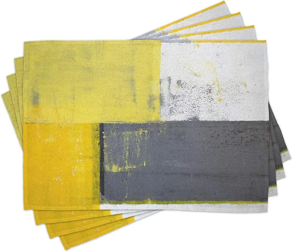 Ambesonne Grey and Yellow Place Mats Set of 4, Street Art Modern Grunge Abstract Design Squares, Washable Fabric Placemats for Dining Table, Standard Size, Charcoal Yellow