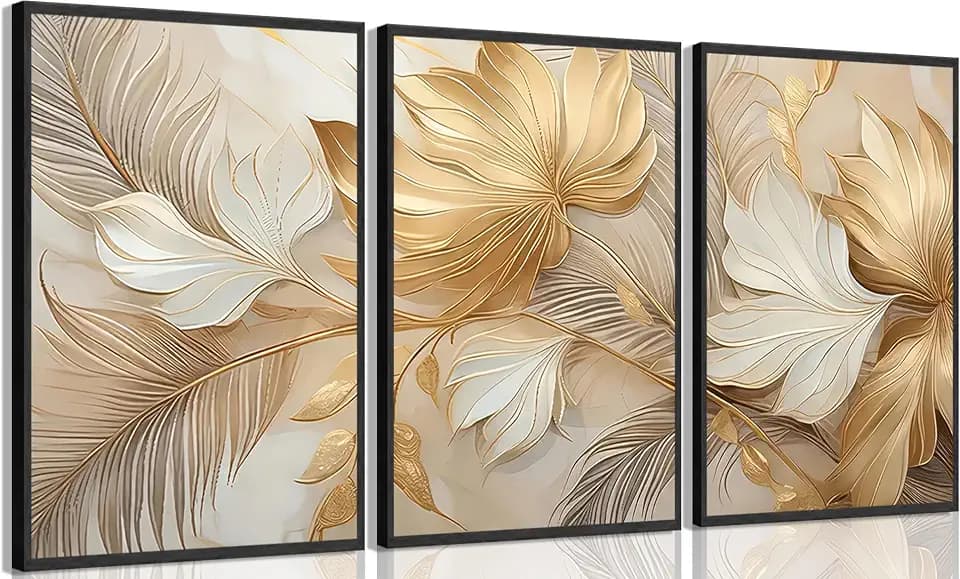 Modern Abstract Gold Botanical Canvas Wall Art Fashion Plants Wall Decor Pictures Leaf Light Luxury Poster Prints Flowers Painting Artwork for Living room Office Decoration 16x24in Frameless