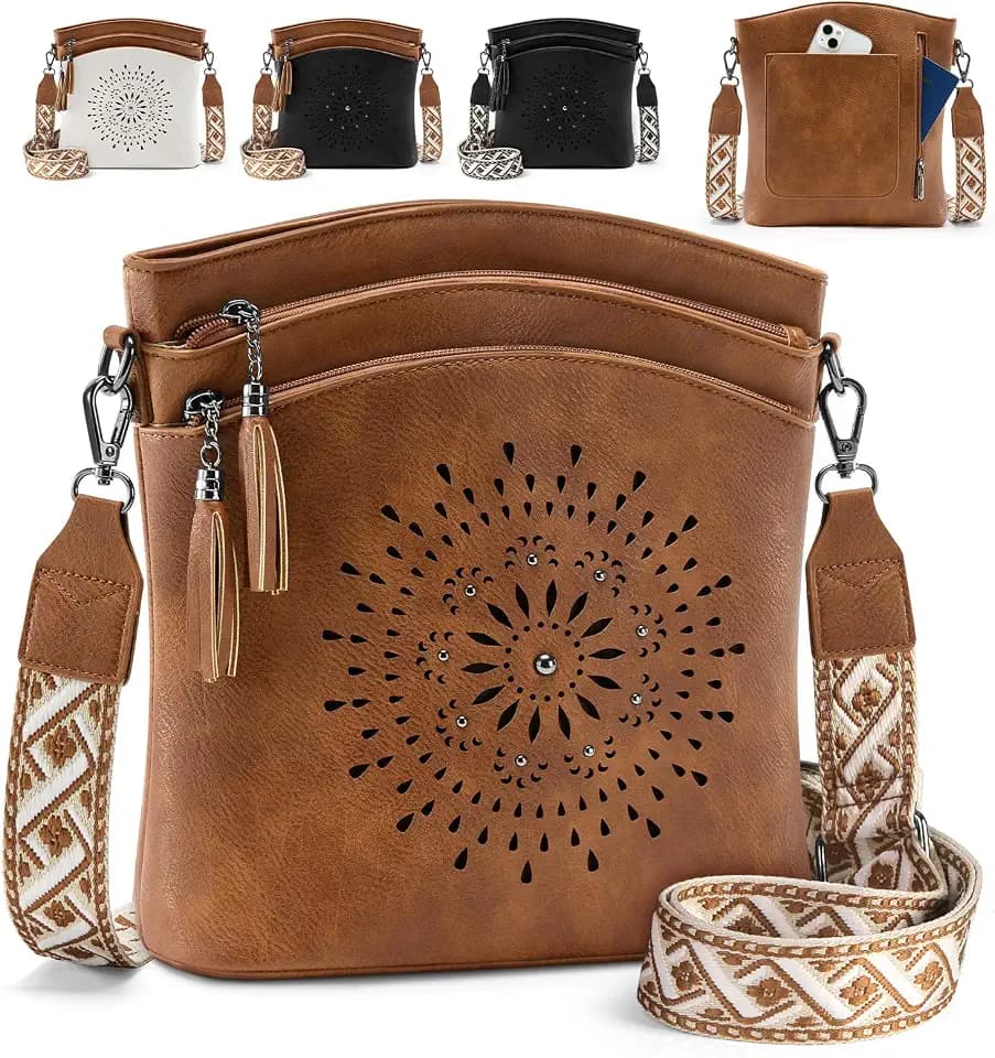 RAINSMORE Women's Medium Leather Crossbody Bag - Lightweight Purse for Weekend Shopping, Everyday Outings, Travel, Designer Trendy Shoulder Handbags with Adjustable Guitar Strap, Multiple Pockets
