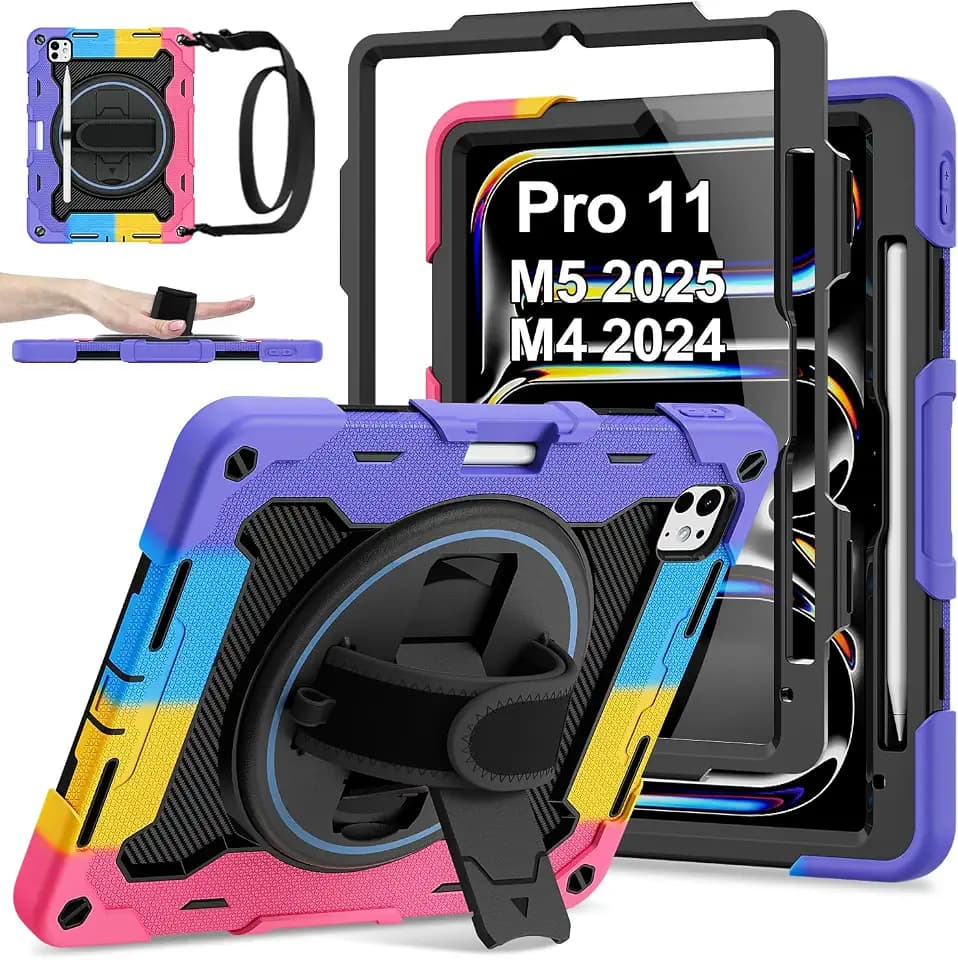 iPad Pro 11 Inch Case M5 2025/M4 2024, Heavy Duty Shockproof Protective Case with Screen Protector, 360° Rotating Stand Hand Strap Shoulder Strap Kids Cover Apple Pencil Holder
