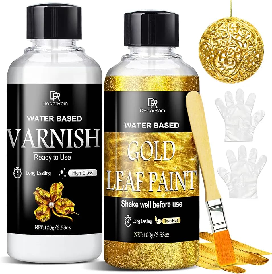 Liquid Gold Leaf Paint Kit - 3.53oz Ultra Shiny Quick Dry Metallic Gilding Paint, High Gloss Finish with Varnish - Non-Toxic, Waterproof Gold Leaf Paint for Crafts, Resin Art, DIY, Furniture, Wood