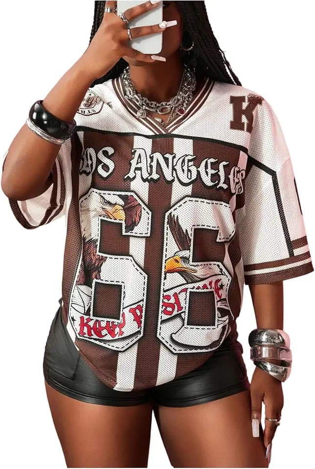 BEAUDRM Women's Number Graphic Jersey Shirts Striped Half Sleeve V Neck Loose Casual T Shirt
