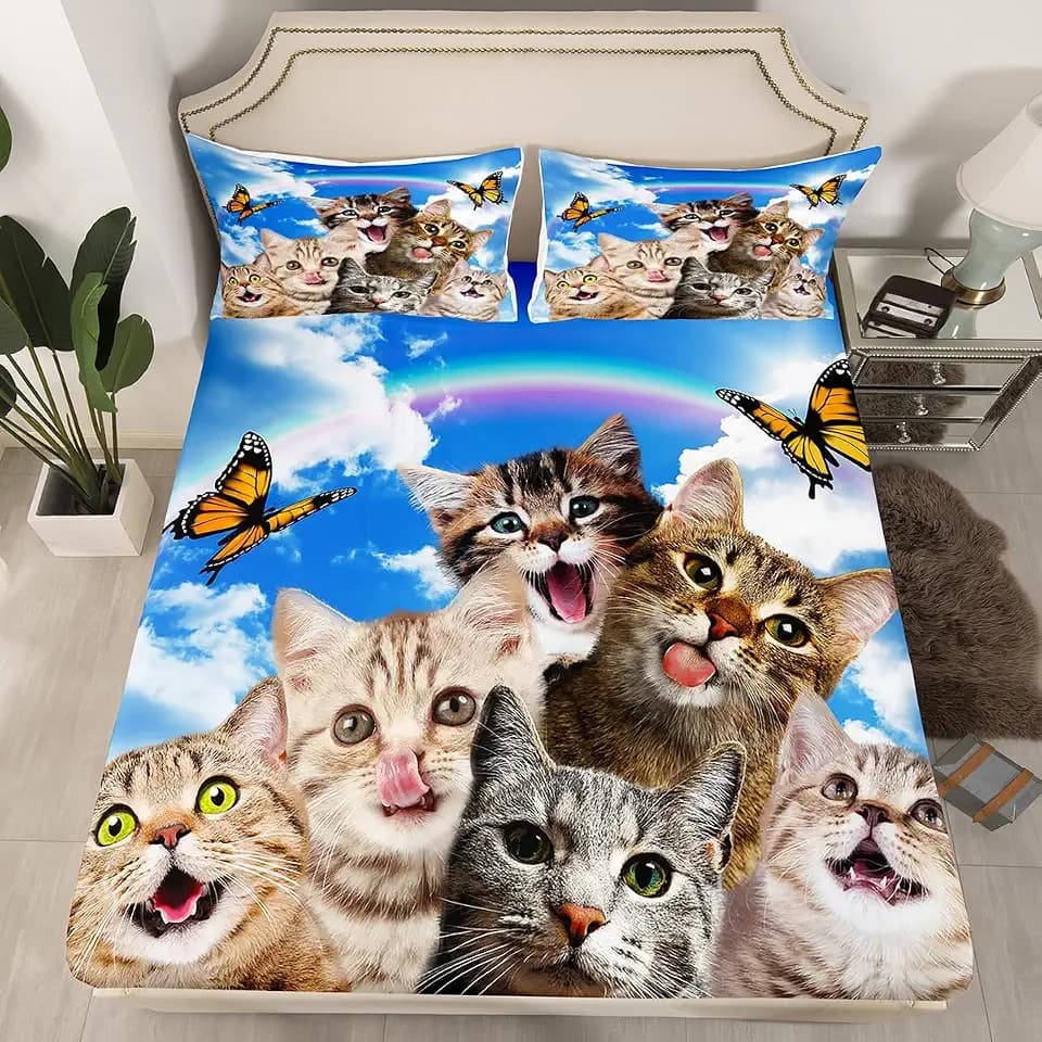 Loussiesd Katze Spannbettlaken 160x200cm Karikatur Haustier Katzen Bettlaken Set Kätzchen Drucken Spannbetttuch Für Erwachsene Lustige Tier Katzenliebhaber Geschenk Kein flaches Blatt Beschwingt