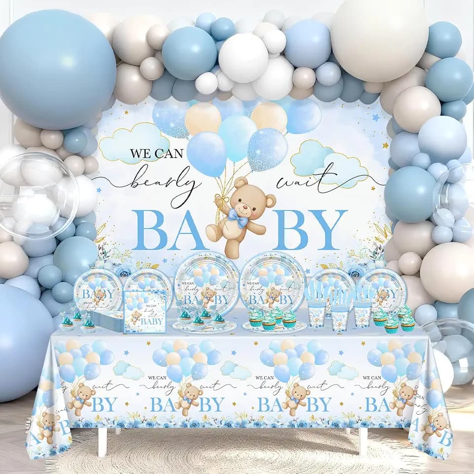 270 Pcs Blue Bear Baby Shower Decorations: We Can Bearly Wait Baby Shower Banner Disposable Plates Napkins Cups Tablecloth Balloons for Boy Serve 24