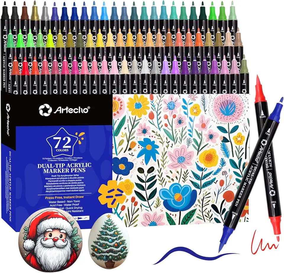 Artecho Acrylstifte 72 Farben, 0.5-5mm Wasserfester Dual Tip Marker (Pinsel und feine Spitze), mit doppelten Enden für Rock Painting, Glas, Papier, Holz, Ei, Leinwand, Keramik, Stoff, DIY Crafts