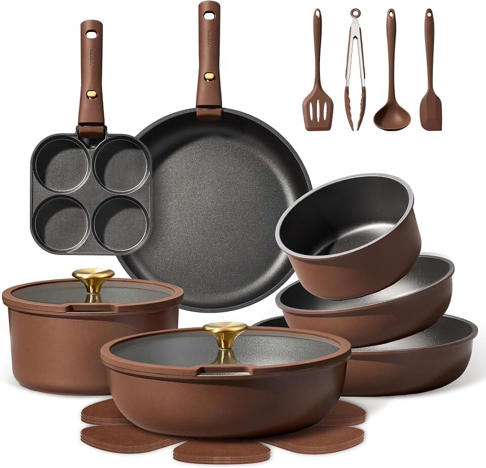 CAROTE 21pcs Pots and Pans Set, Nonstick Cookware Set Detachable Handle, Induction Kitchen Cookware Sets Non Stick with Removable Handle, RV Cookware Set, Oven Safe, Brown
