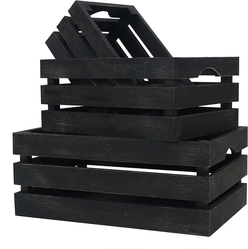 BELLE VOUS Schwarze Kisten mit Griffen (3 Stück) – rustikale dekorative Holzkisten für klein, mittel und groß – natürliche Kiste, stapelbar für Aufbewahrung und Dekoration im Innenbereich