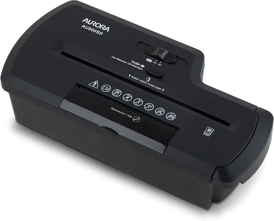 Aurora AU800SD Professional Strip Cut Paper Shredder/CD/Credit Card Shredder Without Wastebasket, 8-Sheet Strip-Cut No Basket, Black