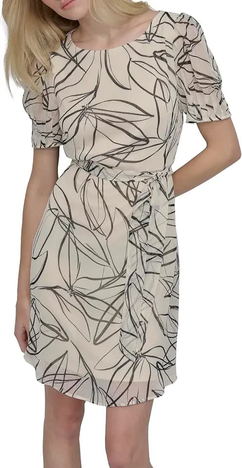 DKNY Women's Short Sleeve Puff Sleeve Tie Waist Dress