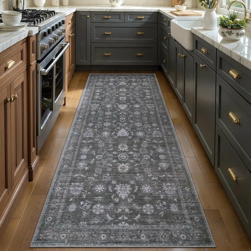 Tangsoo 2x6 Washable Runner Rug for Hallway,Non Slip Grey Floral Rug Runner