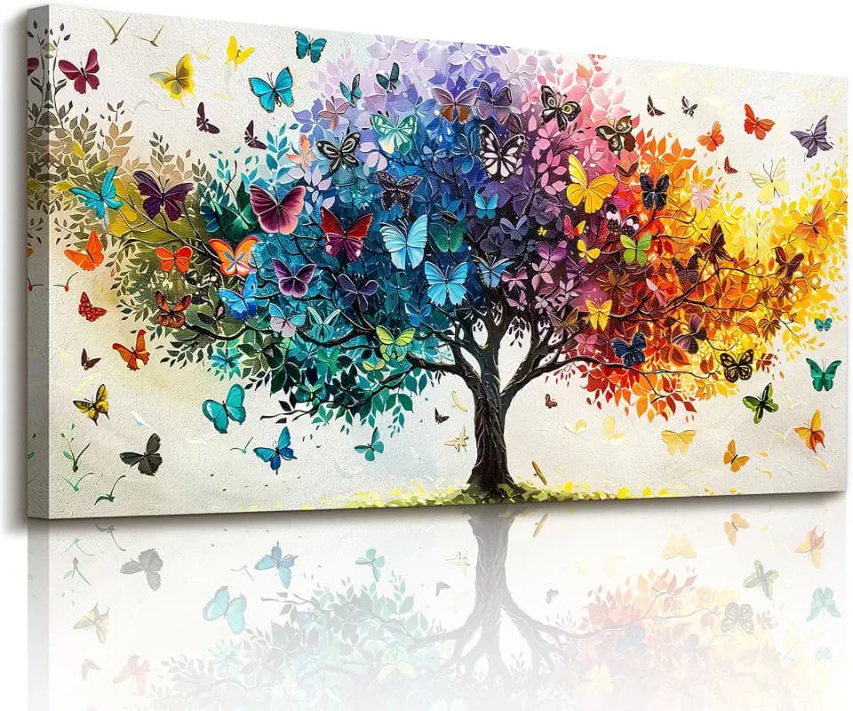imjiayu Tree of Life Wall Art Colorful Butterfly Painting Living Room