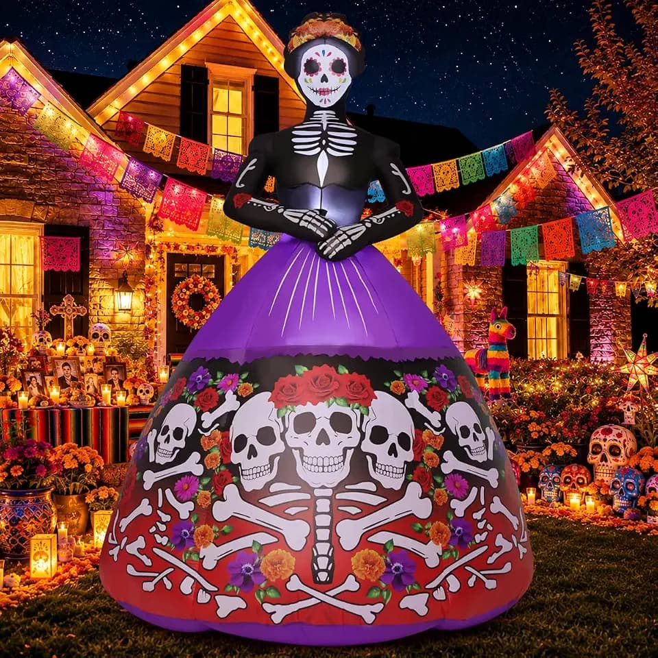 COMIN 9FT Halloween Inflatables Skull Lady Day of the Dead Yard Decorations