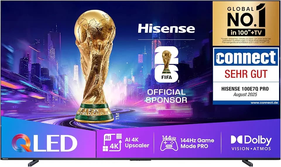 Hisense 100E7Q PRO Fernseher, 100 Zoll, 4K UHD QLED, Smart TV, 144Hz Game Mode, Filmmaker, AMD FreeSync Premium, AI HDR Upscaler, Built in Subwoofer, Sprachsteuerung, 2025