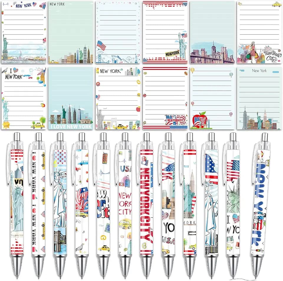Wxiben New York Sticky Notes with Pens 24 Pcs NYC Notepads City Travel Ballpoint Pens Bulk USA Themed Notes Black Ink Pen New York Souvenir Gifts for Home Traveler Office Party Favor