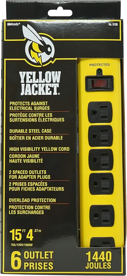 Southwire Yellow Jacket Metal Surge Protector Strip - 15-Foot SJT Cord - Heavy Duty Workshop Power Strip - Surge Protector Strip - Yellow Cord Surge Bar - 6 Outlets