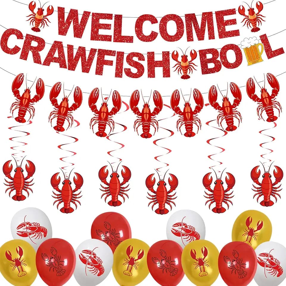 Crawfish Boil Party Decorations,Glitter Welcome Crawfish Boil Banners with Hanging Swirls and Balloons for Lobster Seafood Boil Party Decor Supplies
