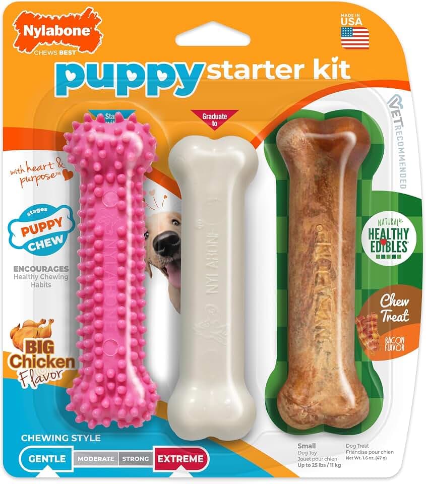 Nylabone New Puppy Starter Kit, Puppy Teething Toys, 3 Pack, Pink