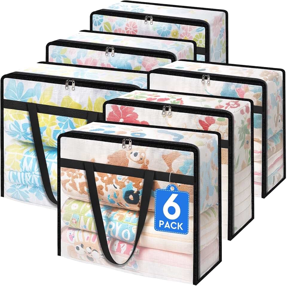 TasticTotes 6 Pack Clear Storage Bags for Comforter, Clothes & Bedding, 60L