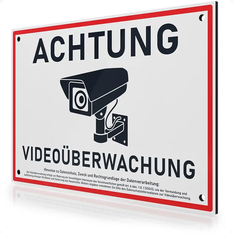 Achtung Videoüberwachung Schild DSGVO 30x20cm aus 3mm Alu Dibond inkl. Bohrungen MADE IN GERMANY - stabiles Hinweisschild/Warnschild, wetterfest & UV-beständig