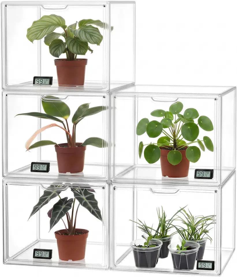 HBlife Mini Greenhouse for Indoor, Clear Stackable Green House with Magnetic Waterproof Door for Small Plants Nursery Germination, Tabletop Portable Greenhouse, 14.1x8.6x10.6 Inch (5 Pack)
