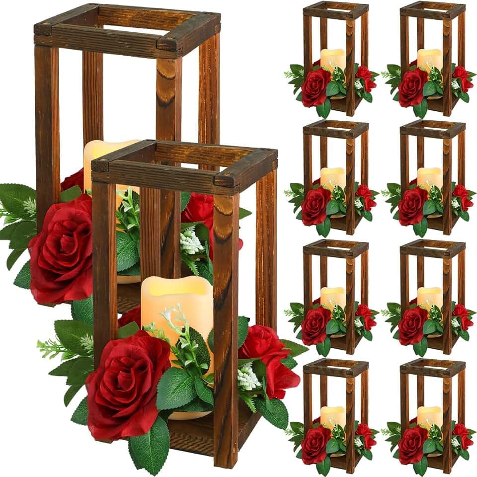 Hushee 30 Pcs Wooden Wedding Lantern Centerpiece, Red Rose, Brown
