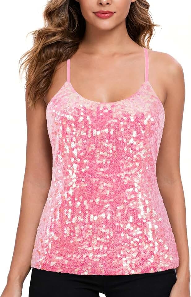MANER Women’s Sequin Tops Glitter Party Strappy Tank Top Sparkle Cami