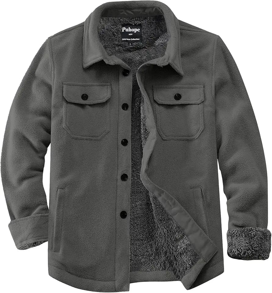 Men's Polar Fleece Warm Sherpa Lined Thick Button Down Shirt Jacket