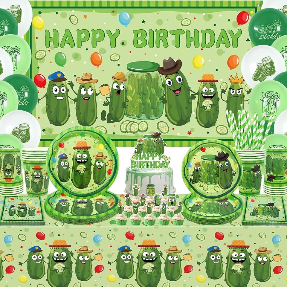 Pickle Birthday Decorations - Pickle Party Tableware, Plates Cups Napkins Pickle Party Tablecloth Happy Birthday Backdrop Balloons Cake Toppers for Pickle Birthday Supplie