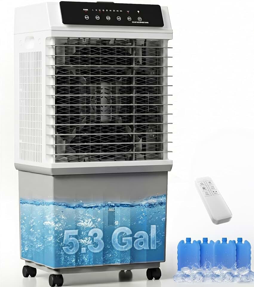 Uthfy 1800CFM Swamp Cooler, 3-in-1 Evaporative Cooler with 5.3 Gal Water Tank, Design Top-Fill, 4 Ice Packs, 120°Oscillation, 12H Timer, Evaporative Air Cooler with Wheels, Remote & Touch Control