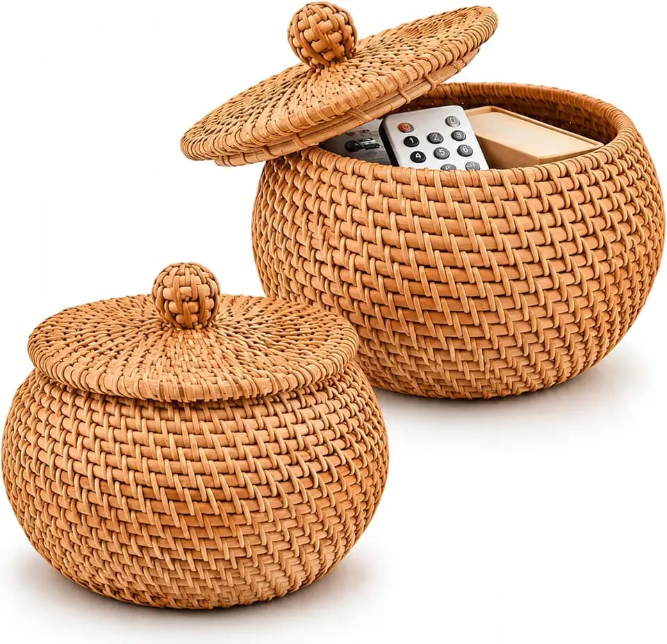 2 Pack Handwoven Round Rattan Storage Baskets with Lids, Small Decorative