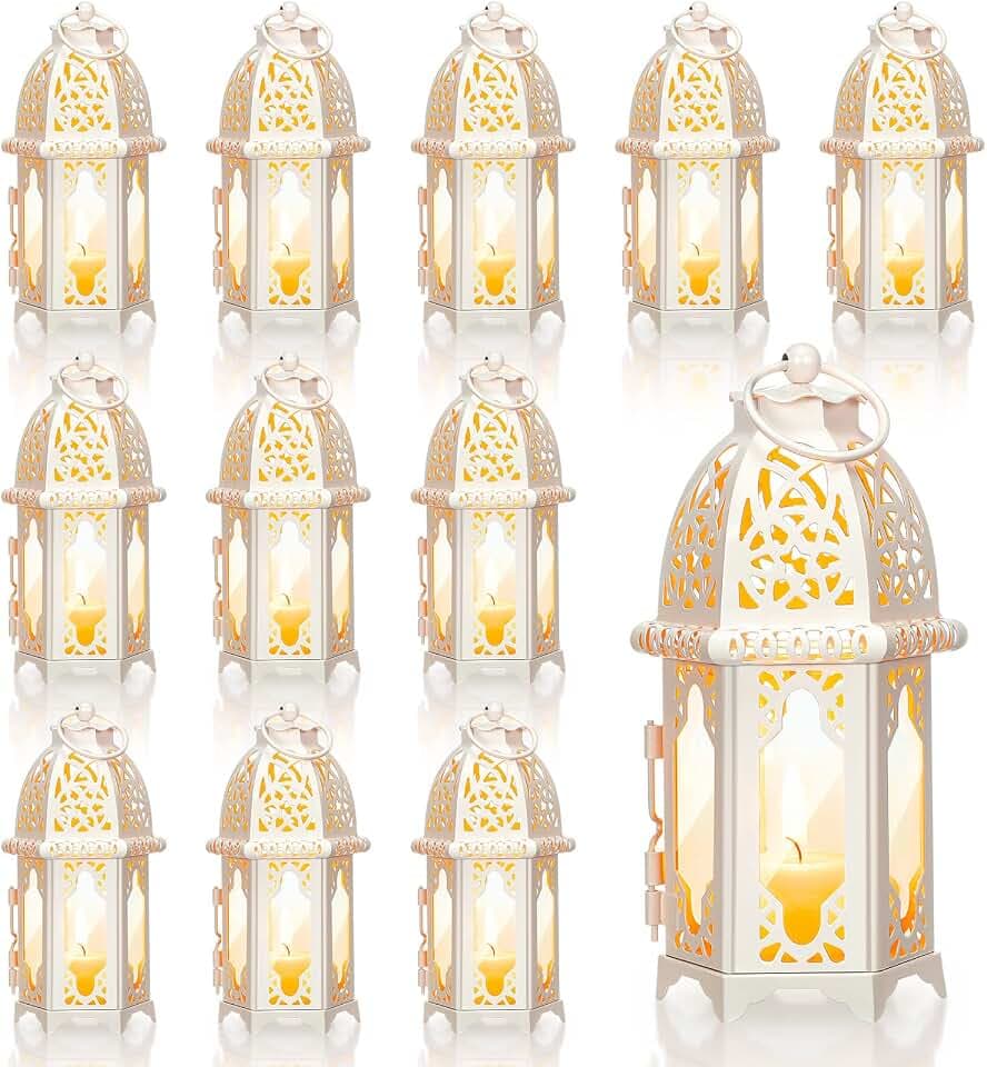 Potchen 12 Pcs Moroccan Lanterns White Candle Lantern Holders, 2.7" x 6.3"