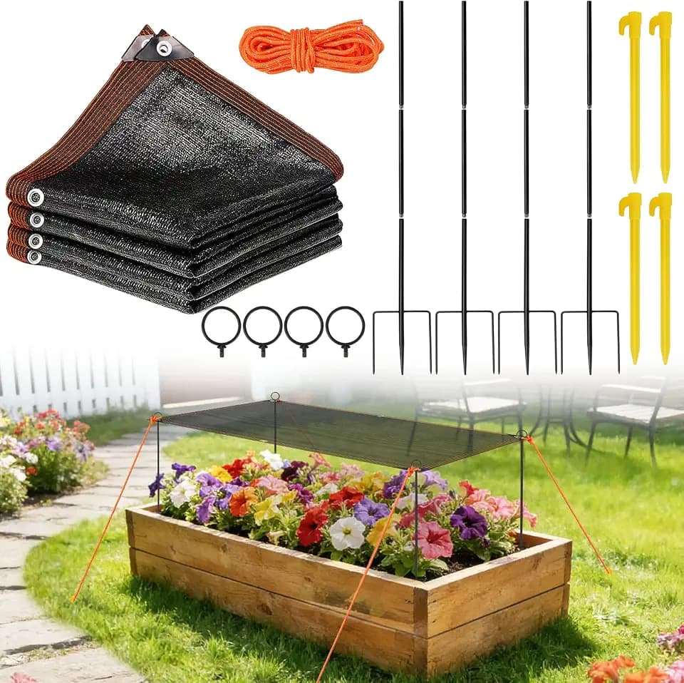 Plant Shade Cloth Kit for Garden, 6.6*3.3FT Garden Shade Cloth Kit for Raised Beds include 4 Poles & Rope, 70% Sun Block Cover Kit with Stakes for Plants Heat Protection for Outdoor Plants Vegetables