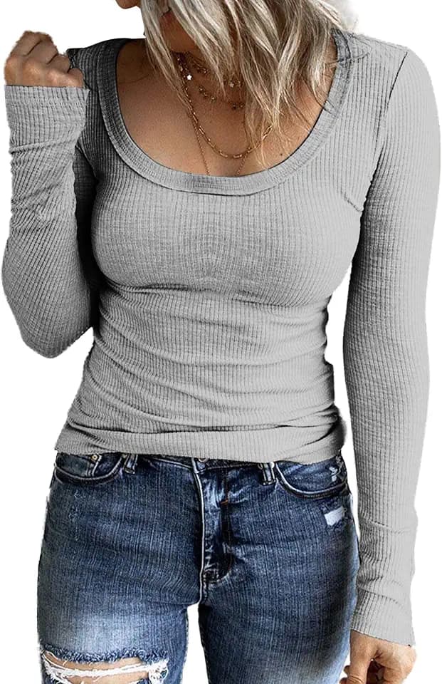 TrendiMax Damen Langarmshirt Rundhals Slim Fit Pullover Elegant Grün Baumwolle-Elasthan Langarm Oberteile Tee Shirts Casual Bluse Basic Tops U-Boot-Ausschnitt