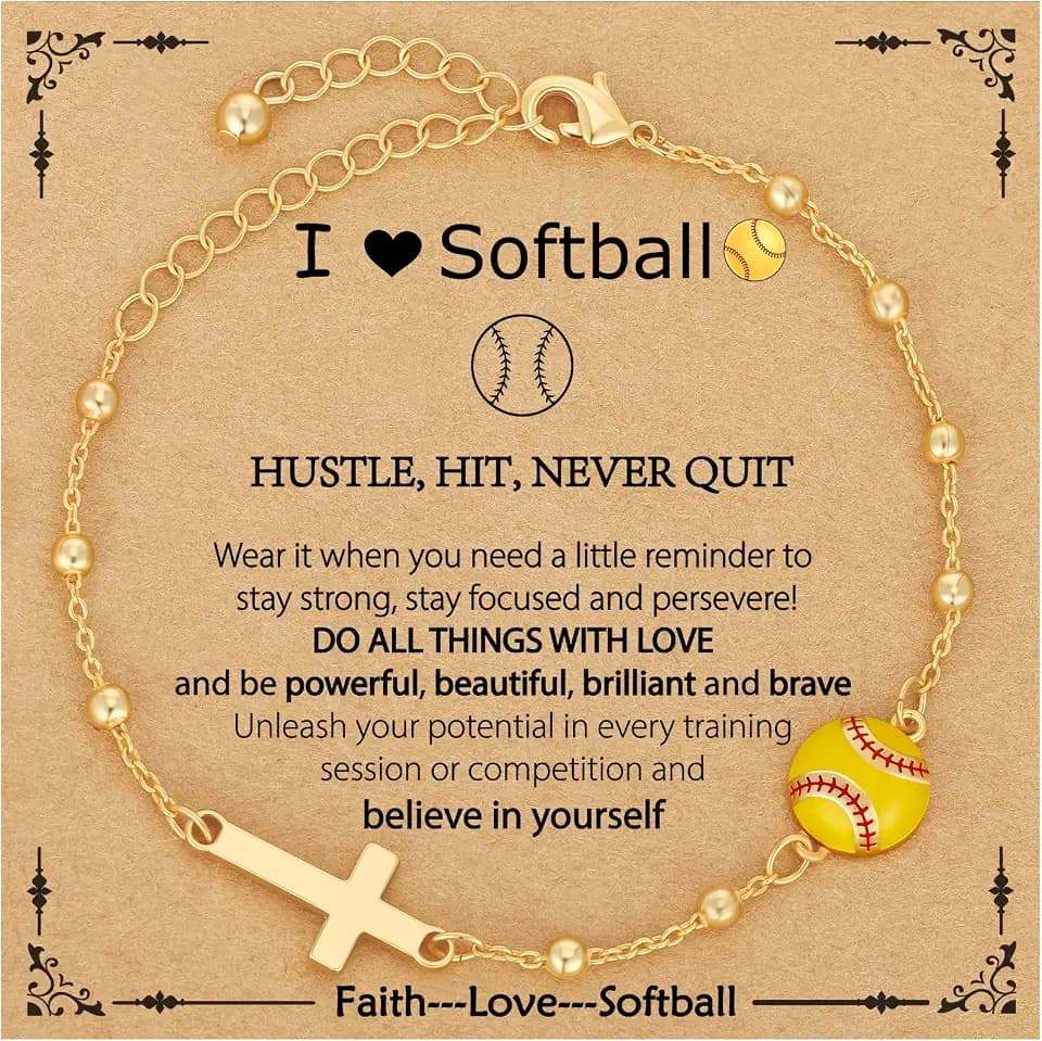 Softball/Volleyball/Soccer/Basketball Football Bracelet for Girls Women, 14K Gold Plated Cross Link Chain Sport Accessories Christian Jewelry Gifts for Teens Team Coach Players